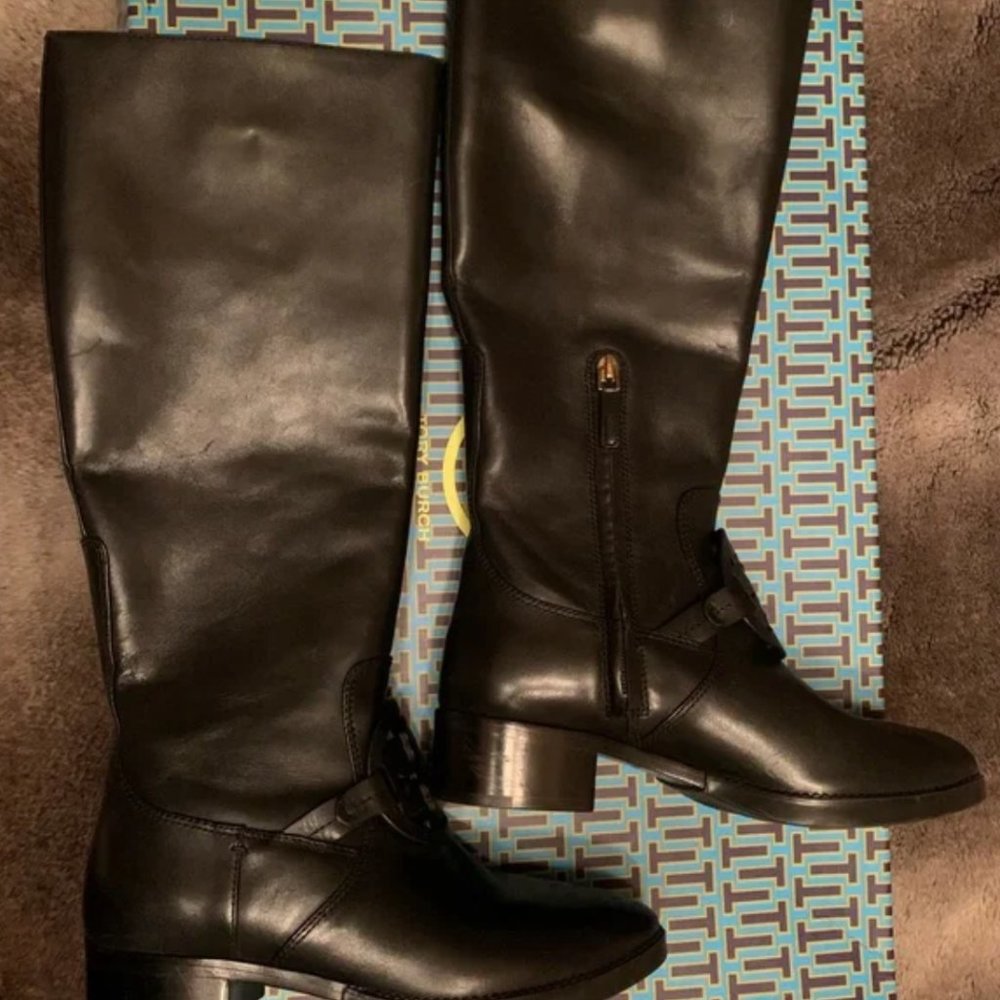 Black Leather Tory Burch Miller Pull-On Below The Knee Boots - Picture 9 of 10